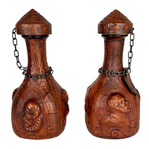 Vintage Jeyre Embossed Leather Don Quixote Decanter Wine Whiskey Spain set of 2 - Picture 1 of 16